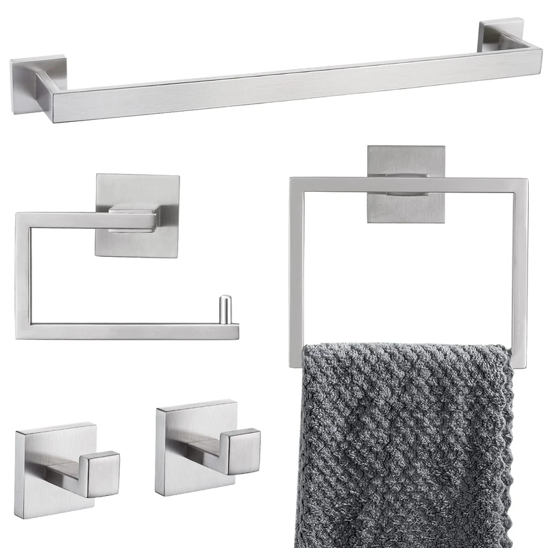 YACVCL 5-teiliges Badezimmer-Zubehör-Set, Handtuchstange, Toilettenpapierhalter, Bademantel, Kleiderhaken, Handtuchhalter, modernes Badezimmer-Hardware-Zubehör-Set, Wandmontage (gebürstet)