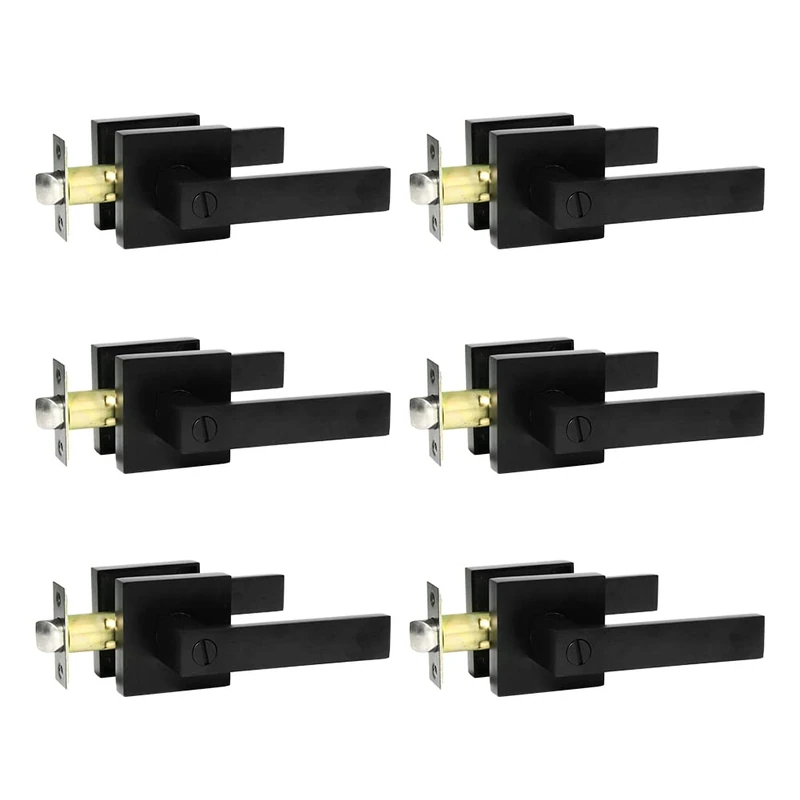 Bedroom/Bathroom Door Handles Levers Square Plate Interior Privacy Door Locksets,Matte Black (6Pack)
