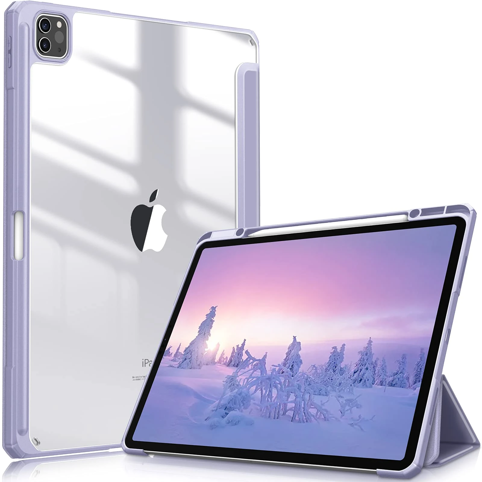 FINTIE Hybrid Case Compatible with iPad Pro 12.9 inch (2022/2021/2020/2018, 6th/5th/4th/3rd Generation) - Shockproof Clear Back Cover with Pencil Holder, Auto Wake/Sleep, Lilac Purple