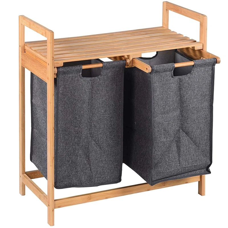 BAKAJI Home Laundry Basket Bamboo Wood Frame with 2 Compartments Removable Fabric Laundry Basket + Towel Shelf Size 73.5 x 63.5 x 33 cm Modern Design