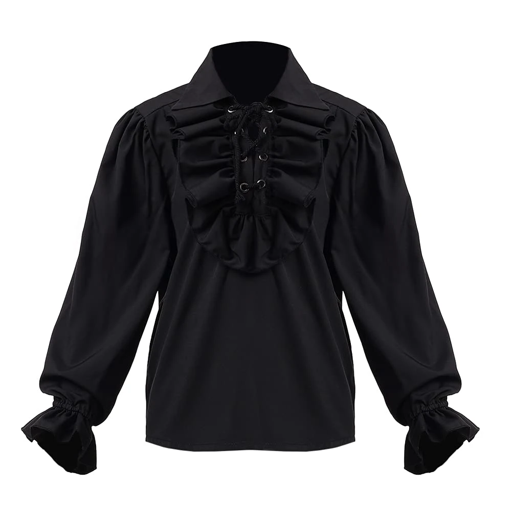 GRACEART Boy's Medieval Pirate Shirt Renaissance Costume Colonial Cosplay Ruffle Shirt Lapel Collar Lace Up Tops Kids Blouse Black