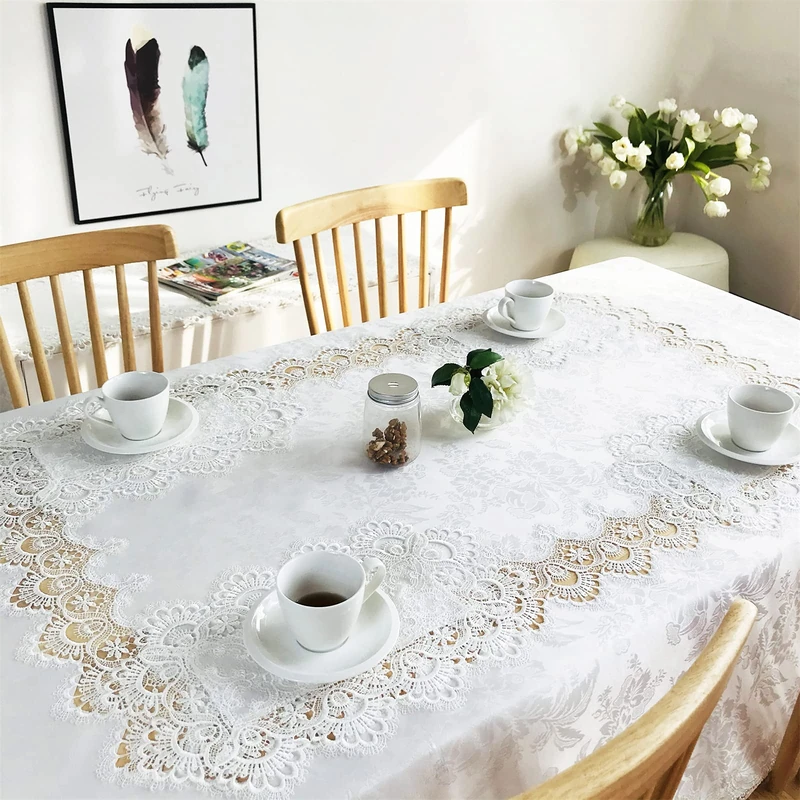 BrekSdat Rectangle Tablecloth White Lace 60 x 120 Inches for Dining Tables End Bedstand Wedding Banquet Party Washable Fabric Carnation Flower Decor