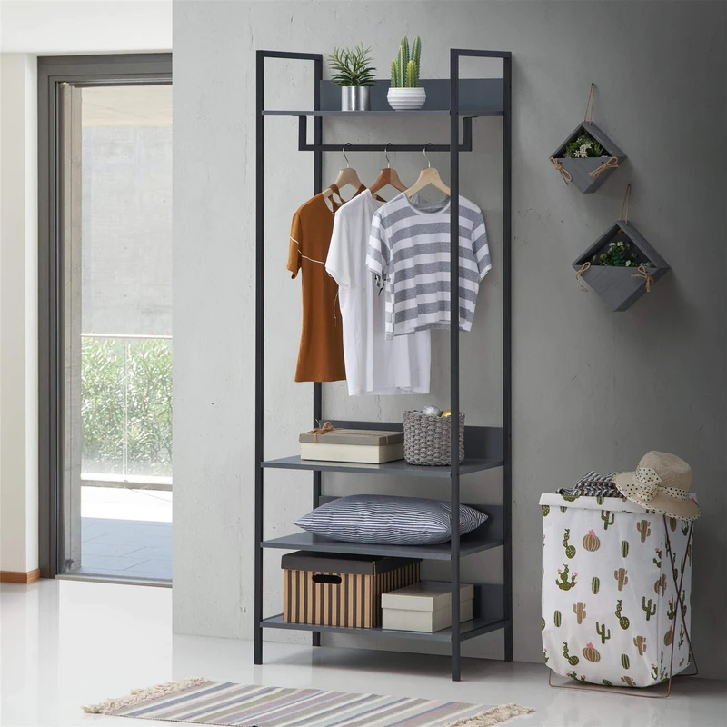 Timber Art Design UK Zahra Bedroom Open Wardrobe with Hanging Rail and 4 Open Shelves Modern Furniture Cupboard Storage Organizer Unit For Bedroom, Living Room, Dark Grey - H180 x W63.8 x D40 cm