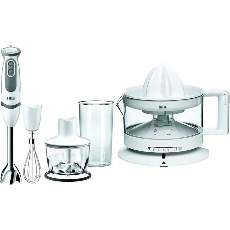 Braun MultiQuick 5 Vario MQ5235 Hand Blender, Sauce Mixer, White/Grey & Braun CJ3000 Electric Citrus Press, 350 ml bowl with scale, adjustable pulp control, automatic start/stop, cable storage - White