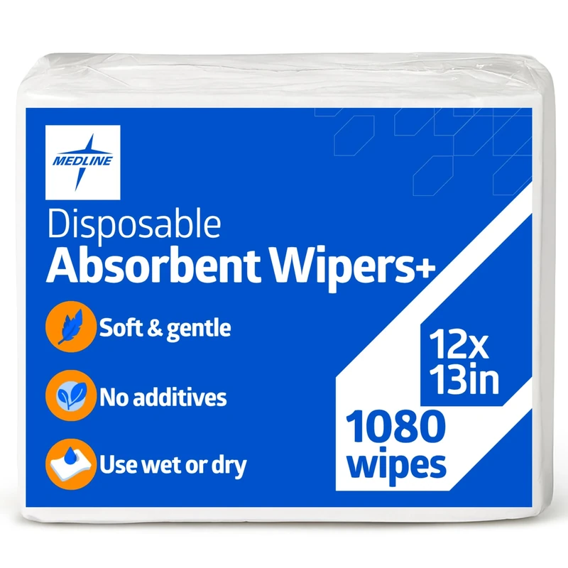 Medline Absorbent Wipers+ Disposable Heavy Duty Dry Wipes, 12 x 13 (90 Count, 12 Pack)