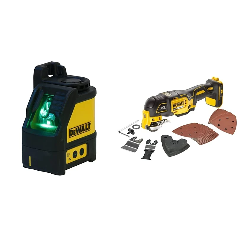 DEWALT 2-Way Self Levelling Cross Line Green Beam Laser with Carry Case DW088CG & DCS355N-XJ 18V Li-Ion Cordless Brushless Oscillating Multi-Tool
