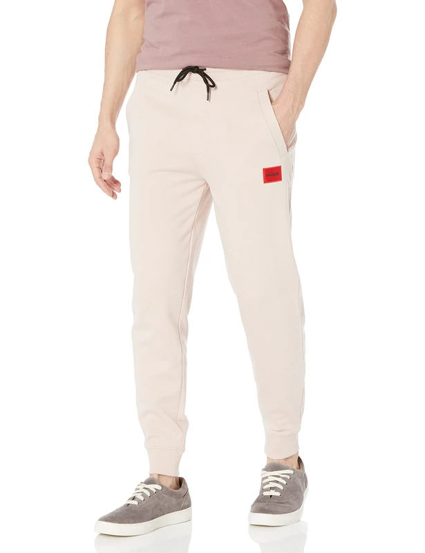 Hugo Men's Regular Fit Square Logo Jersey Drawstring Joggers Sweatpants, Almond Milk, Large