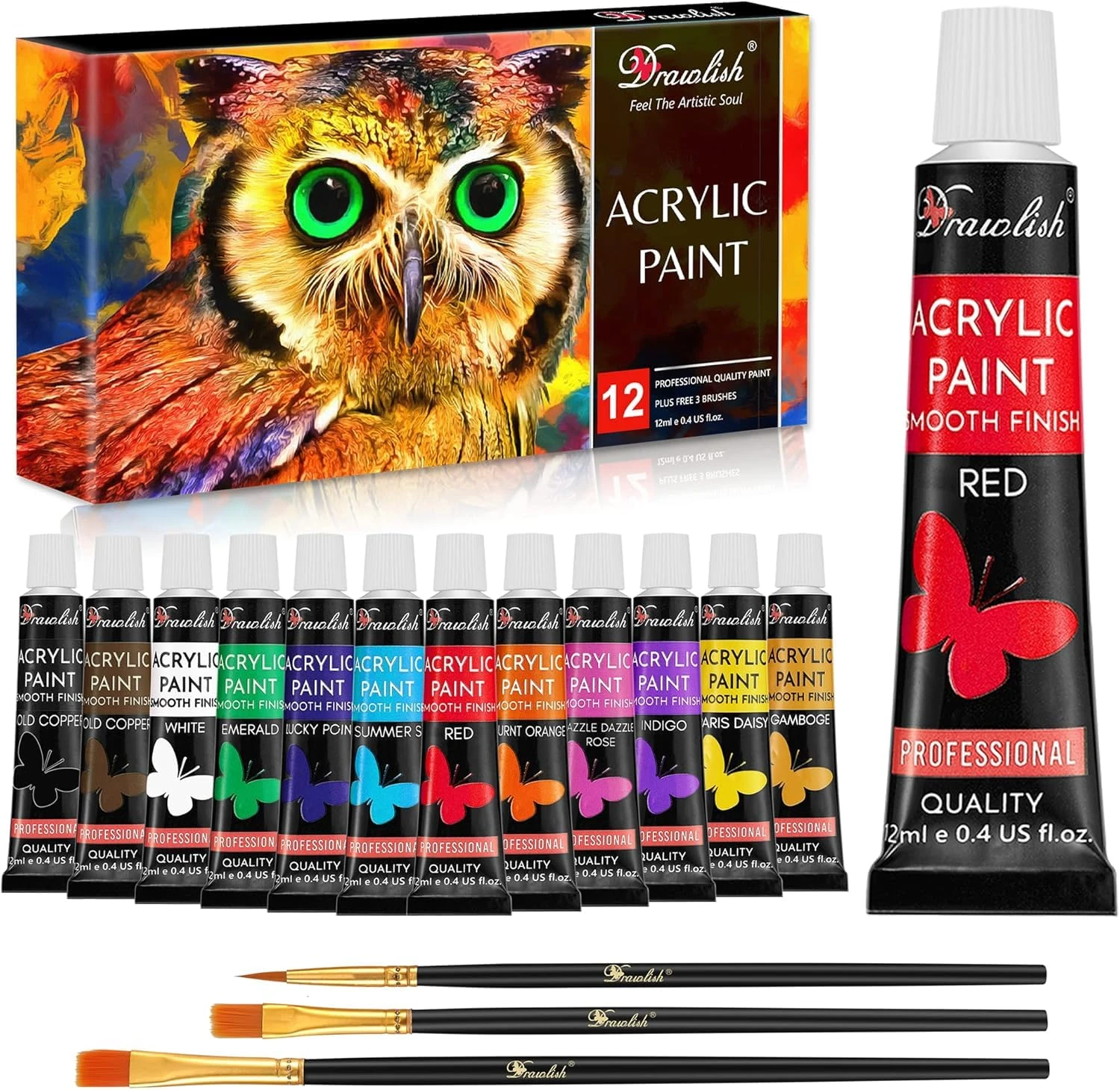 Drawlish Acrylic Paints Set of 12 with 3 Paint Brushes & (12ml) Tubes | Highly-Pigmented Fabric Paint | Ideal for Canvas, Wood, Ceramic, Glass & Rock Painting