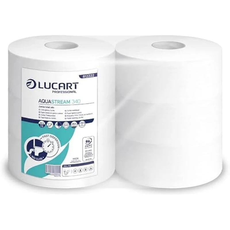 Lucart Professional, AquaStream 340 Jumbo High Fade Pure Cellulose Toilet Paper Ideal for Public Bathrooms and Offices, 1300 Sheets, 9.2 x 26 cm, Pack of 6 Rolls