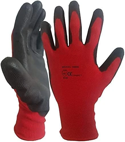 A406 12 Pairs Red Black Nitrile Coated Gloves Nylon Safety Work Gloves Garden Gloves Builders Gloves Mens Gardenin (X-Large/10)