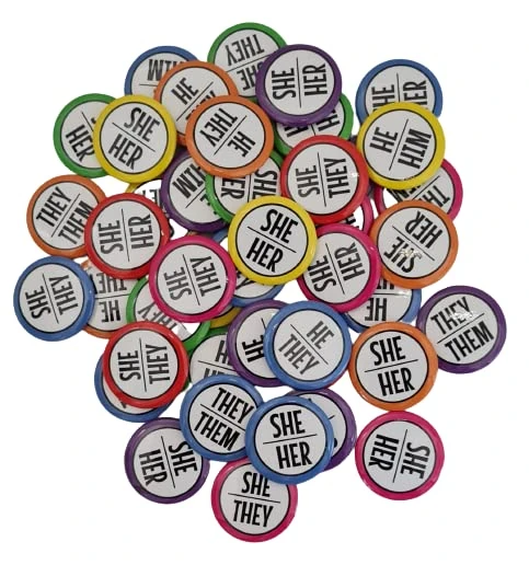 Pride and Pronouns Bulk Pack of My Pronouns Are Badges, Colour Border Customisable Gender Pronouns Pin Badges, Pronouns LGBTQ+ Pin Brooch For Pride, 1 inch (25mm) Diameter Badge (Pack of 75)