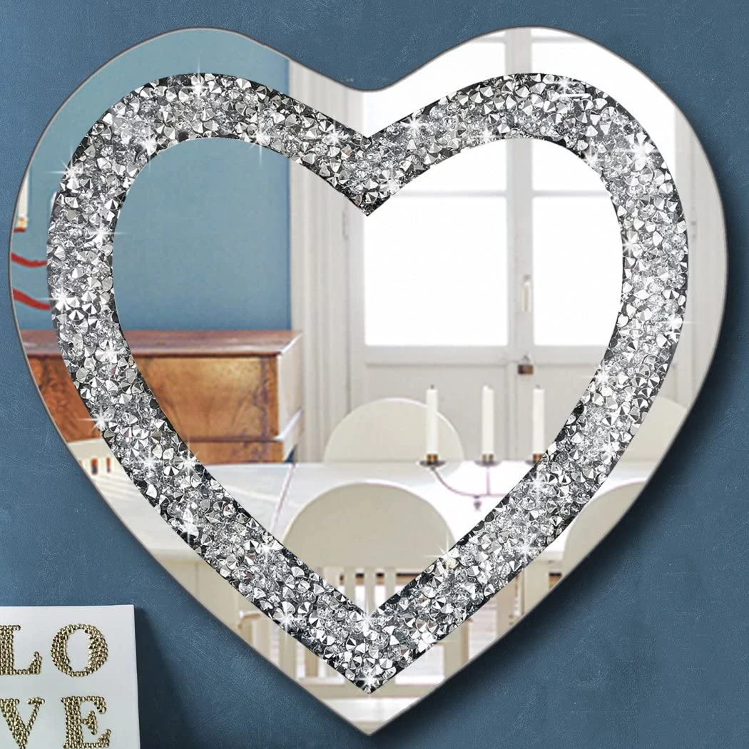 DMDFIRST Crystal Crush Diamond Heart Shaped Silver Mirror for Wall Decoration Wall Hang Frameless Mirror Acrylic Diamond Décor, 24x24 inch
