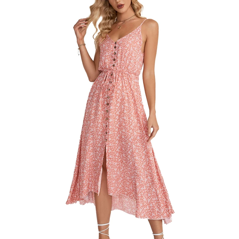 BROVAVE Women's 2025 Summer Casual Boho Sundress Polka Dot Spaghetti Strap V Neck Flowy Midi Dresses, 008 Pink, M