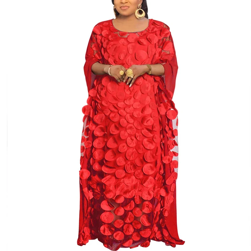 HD African Women Applique Flower Dress Boat Neck Chiffon Kaftan Dress One Size, Red, One Size