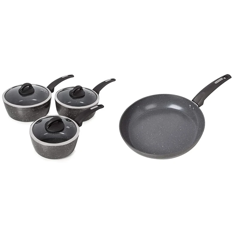 Tower T81212 Cerastone Non Stick Induction Saucepans Sets, 3 Piece & T81242 Cerastone Induction Frying Pan Non-Stick, Ceramic Coating, Forged Aluminium, Stay Cool Handle, Graphite, 28 cm