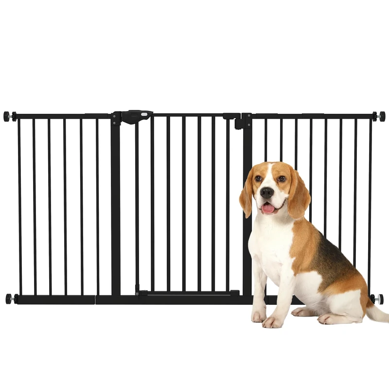 PawHut Dog Gate Stair Gate Pressure Fit Pets Barrier Auto Close for Doorway Hallway, 74-148cm Wide Adjustable, Black