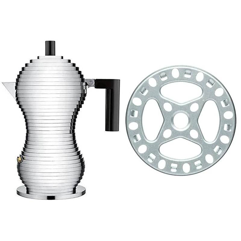 Alessi MDL02/3 B Pulcina Espresso coffee maker in cast aluminium. Handle and knob in PA, black, 3 Cups & KitchenCraft Gas Ring Reducer Trivet, Galvanised Iron, 12 cm