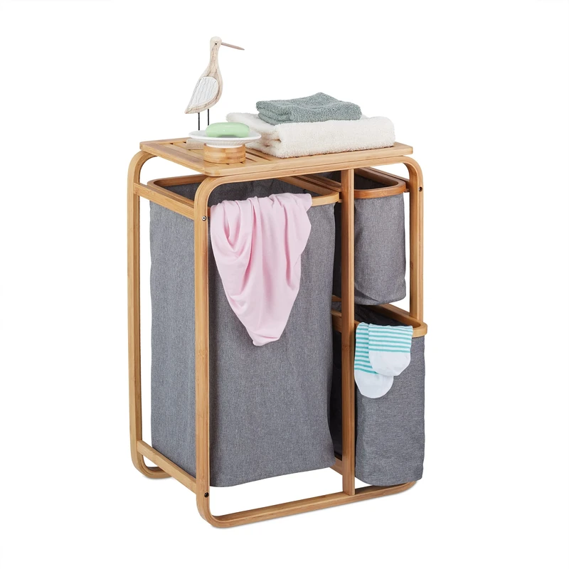 Relaxdays Bamboo Laundry Basket Shelf, 3 Compartments, HWD: 70 x 49 x 33.5 cm, Bathroom Clothes Collector, Natural/Grey