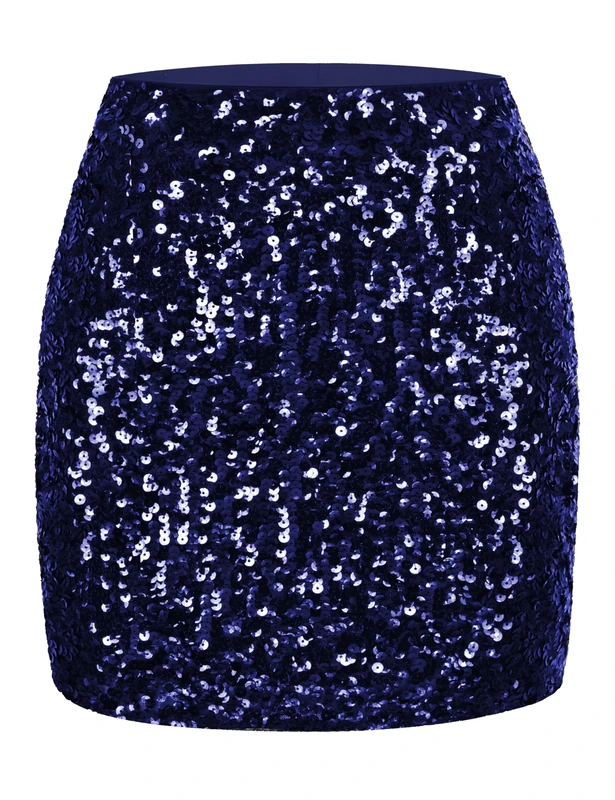 MANER Women's Sequin Skirt Sparkle Stretchy Bodycon Mini Skirts Night Out Party, Navy Blue, Large