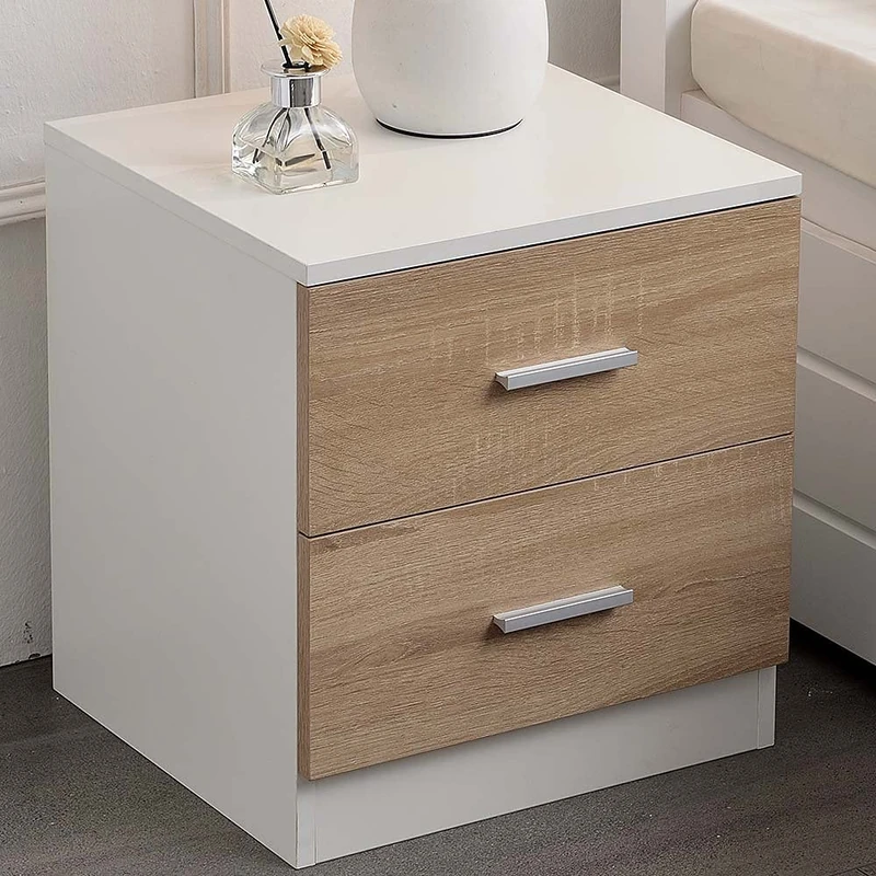 BAKAJI Bedside Table with 2 Drawers Modern Design MDF Wood Metal Two Tone (White and Beige) 2 Cassetti
