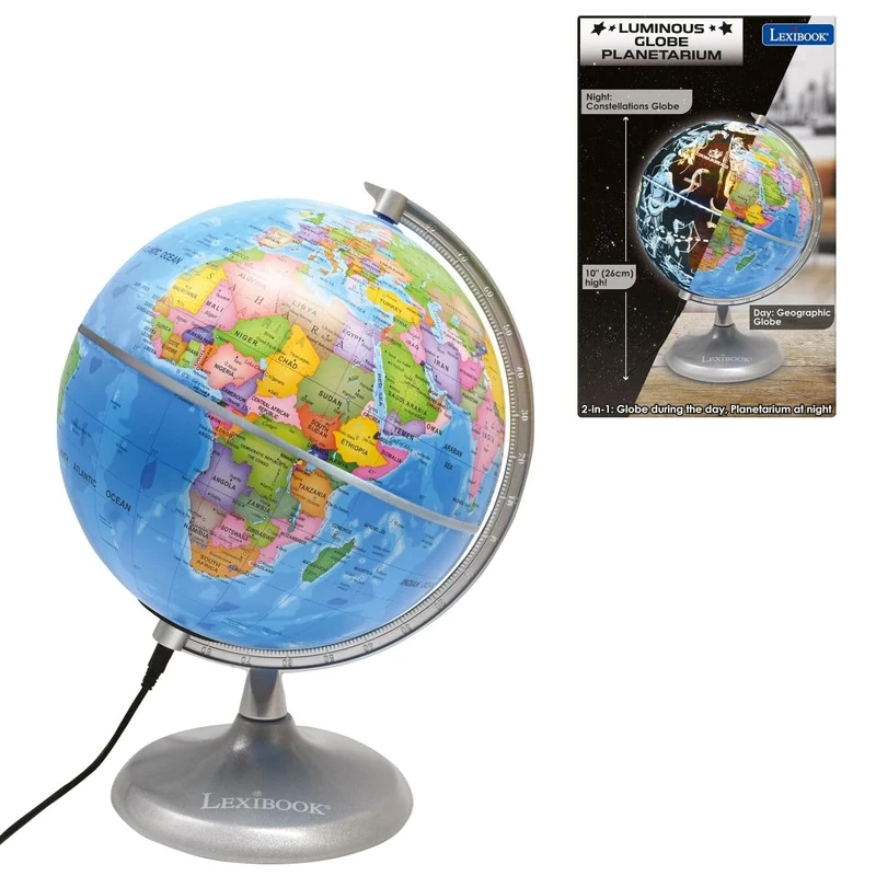 LEXIBOOK, Luminous Globe Planetarium, STEM, 2-in-1 Globe during the day, Constellation map at night, Blue/Black, NLJ185EN