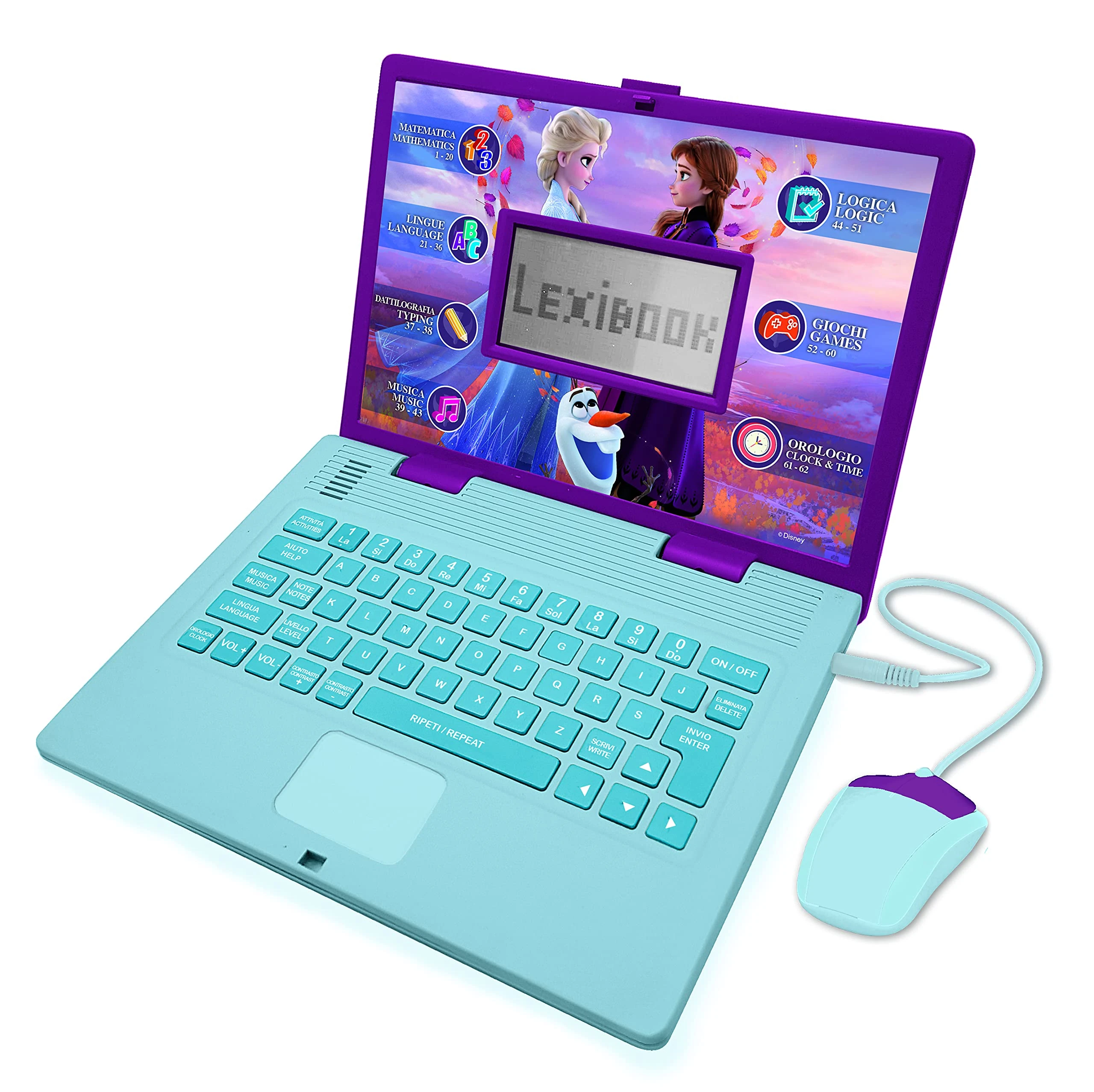 LEXIBOOK, Frozen, Educational and Bilingual Laptop Italian/English, Girls Toy with 124 Activities to Learn, Play Games and Music with Elsa & Anna, Blue/Purple, JC598FZi5