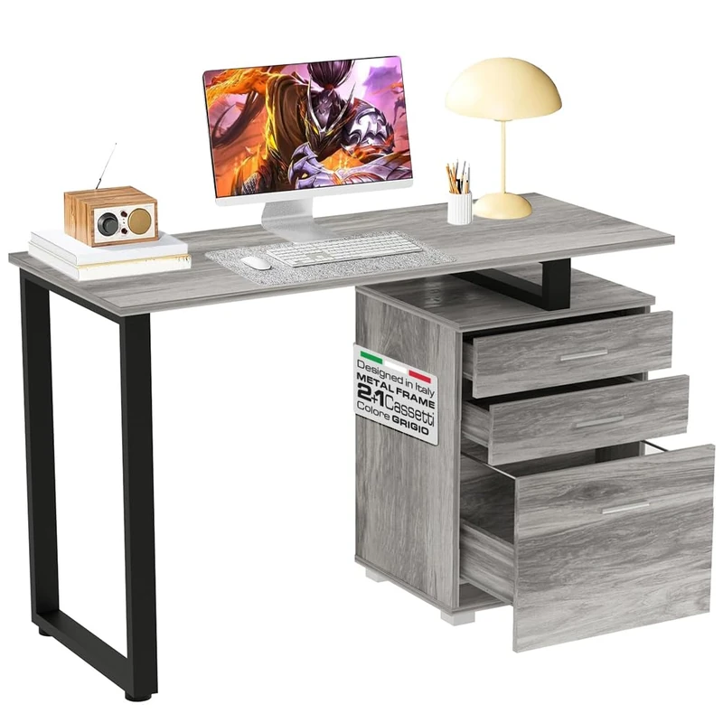 BAKAJI Desk with Chest of Drawers 3 Drawers Work Table Computer Computer Holder Wooden with Steel Frame Modern Design 120 x 50 x 75 cm Home Decor Office Bedroom (Grey)
