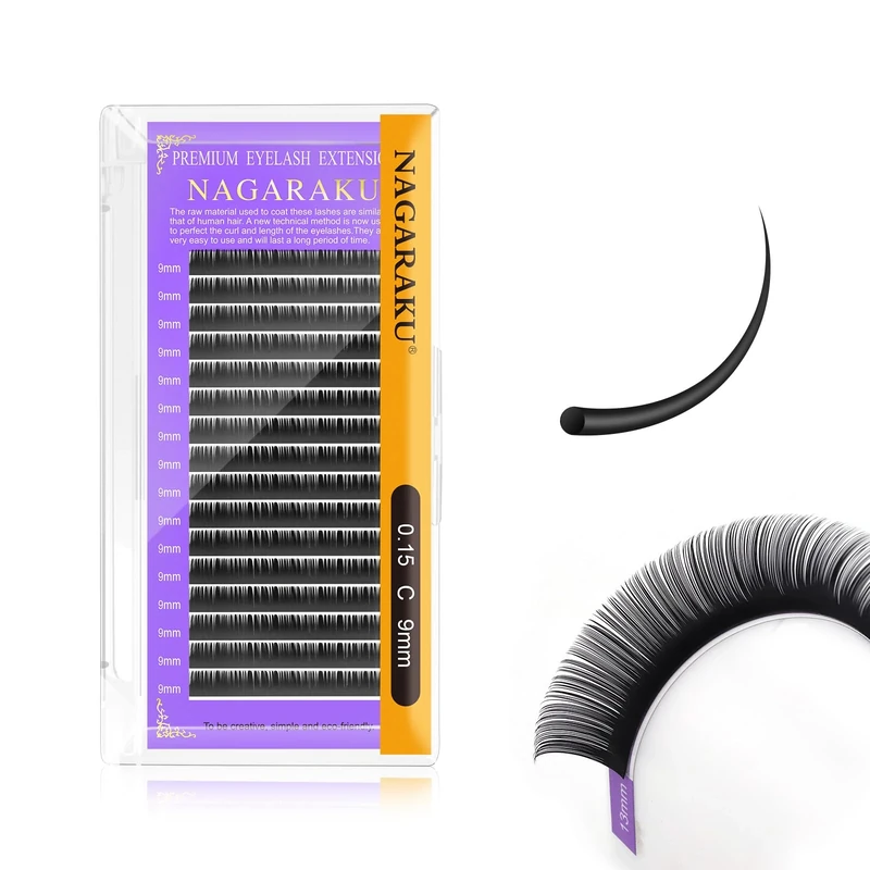NAGARAKU Extension Eyelash Supplies Classic 1:1 Lashes Individual Volume Lash Extensions Soft Single Eyelashes Natural Semi Permanent Eyelashes Matte Black 16 Rows (0.15mm C Curl 9mm)