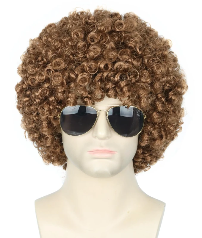 Topcosplay 3 PCS Men's Wig 70s 80s Disco Dude Dirt Bag Wigs & Moustache Necklace Short Curly Afro Shaggy Wigs Blonde Mixed Black (Light Brown)