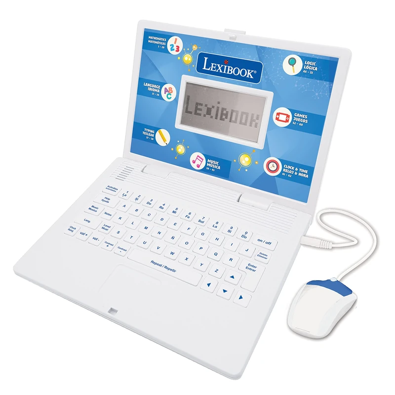LEXIBOOK, Educational and Bilingual Laptop Spanish/English, Toy for Children with 124 Activities to Learn Mathematics, Dactylography, Logic, Clock Reading, Play Games and Music, White, JC598i2