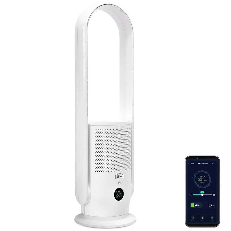 djive ARC Portable Quiet 29dB Air Purifier Fan with Battery, Oscillating Column Fan Ideal for Home and Motorhome, Alexa and App Compatible, White - Image 1