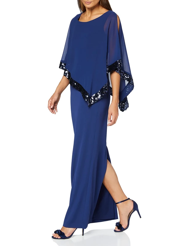 Gina Bacconi Women's Sequin Trim Cape Maxi Dress Cocktail, Navy, 10