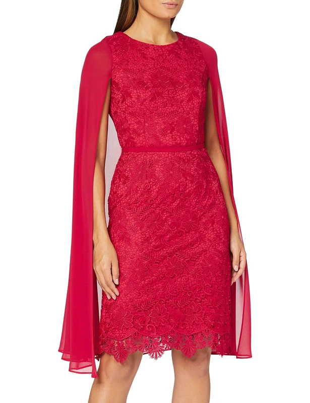 Gina Bacconi Women's Lace Dress with Chiffon Cape Cocktail, Rose/Red, 8