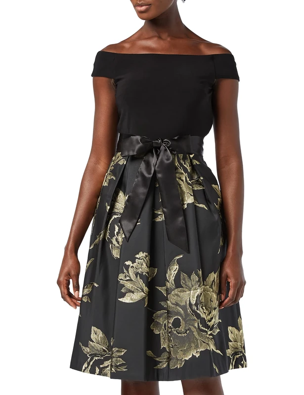 Gina Bacconi Women's Jersey and Jacquard Dress, Black/Gold, 10