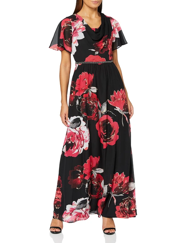 Gina Bacconi Women's Cowl Neck Floral Maxi Dress Cocktail, Black, 12