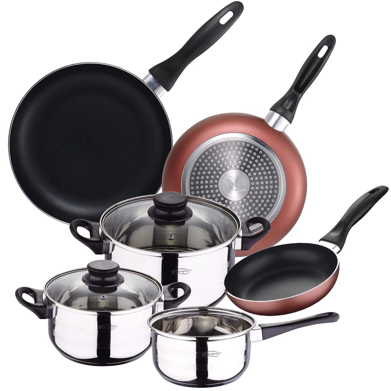 San Ignacio 5-Piece Stainless Steel Cookware Set + 3 Frying Pans Ø16/20/24 cm Pressed Aluminium, Suitable for Induction