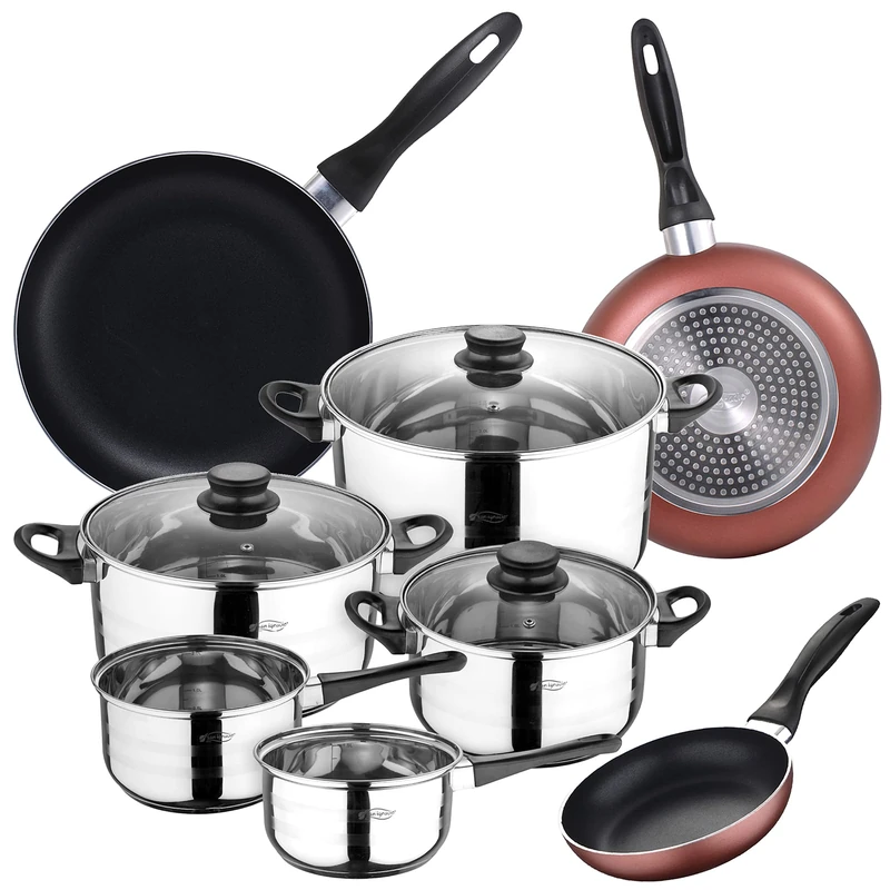 San Ignacio 8-Piece Stainless Steel Cookware Set + 3 Frying Pans Ø16/20/24 cm Pressed Aluminium, Suitable for Induction