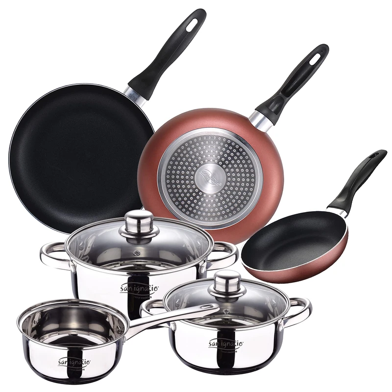 San Ignacio 5-Piece Stainless Steel Battery: Saucepan Ø16 x 7.5 cm, saucepans Ø18 x 8.5 and Ø20 x 9.5 cm, Induction + Set of 3 Frying Pans Ø16/20/24 cm, Pressed Aluminium, Suitable for Induction