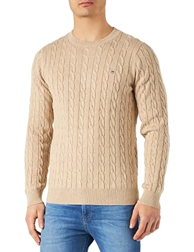 GANT Men's Cotton Cable C-Neck Pullover Sweater, Sand Melange, M