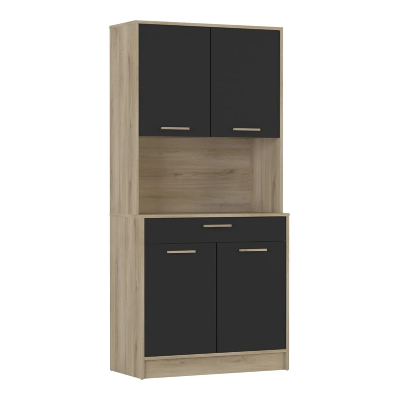 Demeyere Buffet Industriel 4 Portes 1 Tiroir 1 Grande Niche Résistant à l’eau & Idéal Micro-Onde – Coloris Bois Clair et Noir – 83,3x40x176,1 cm