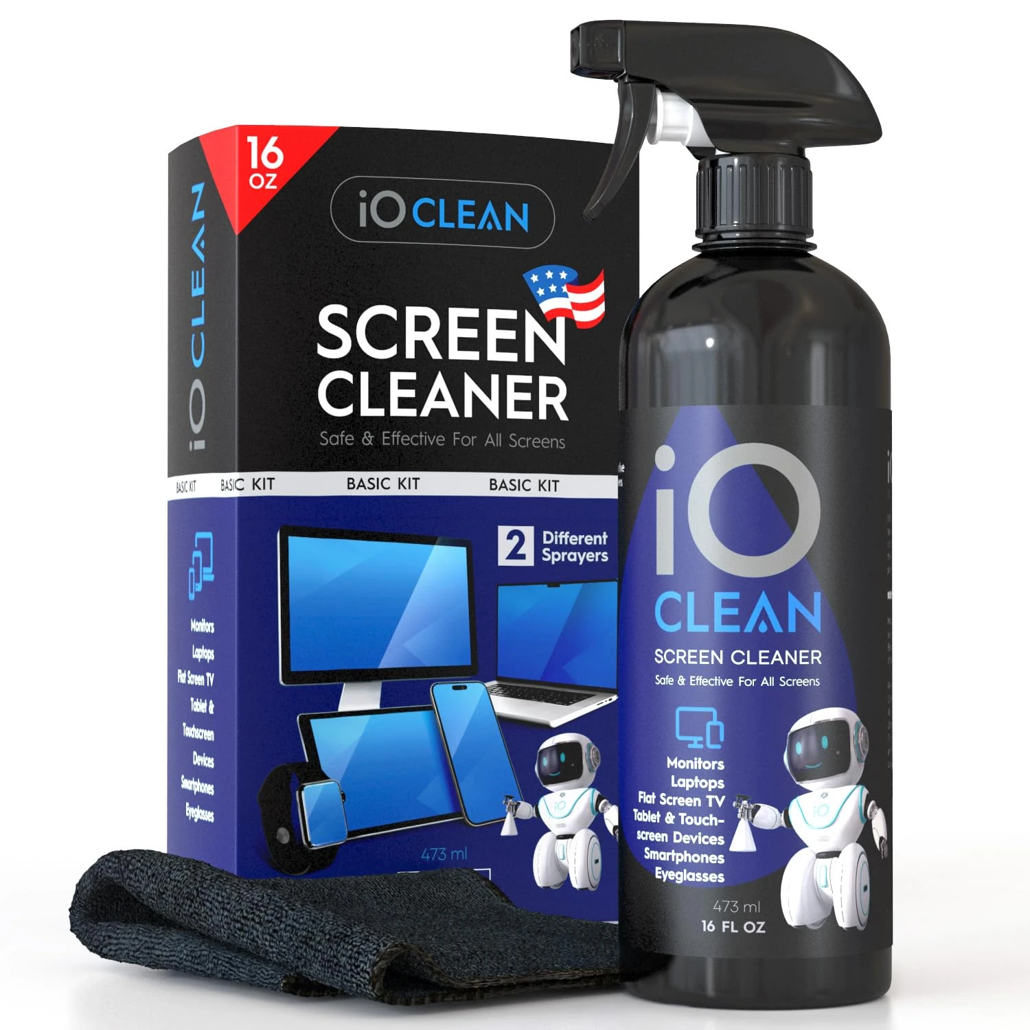 iO Clean Screen Cleaner Spray (16oz - 473ml) Best Large Cleaning Kit for LCD LED OLED TV, Smartphone, iPad, Laptop, Touchscreen, Computer Monitor, Other Electronic Devices, Microfiber Cloth Wipes
