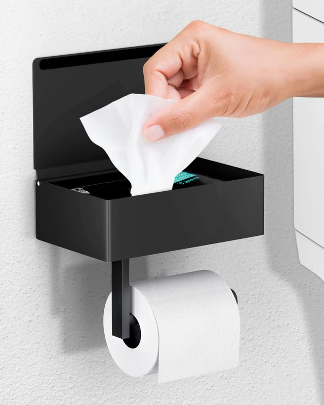Day Moon™ Black Toilet Paper Holder with Shelf - Wipe Holder for Bathroom, Flushable Wipes Dispenser, Toilet Paper and Wipes Holder