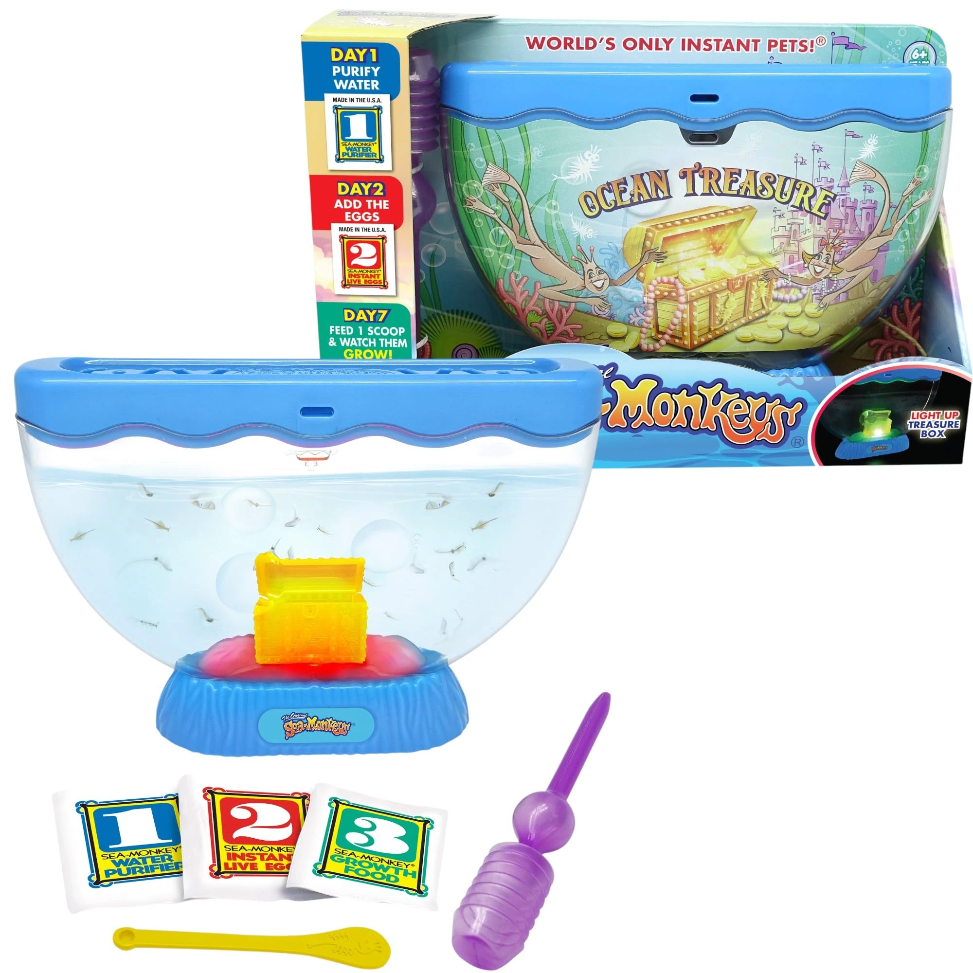 The Original Sea Monkeys - Ocean Treasure Aquarium with Light - Our LARGEST tank Grow Your Own Pets Educational Science Kit- Includes Eggs, Food, Water Purifier, and Searchlight, Assorted Colors