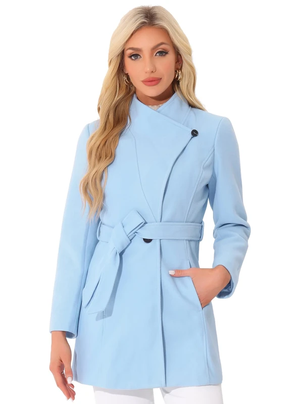 Allegra K Women's Classic Stand Collar Long Sleeve Winter Belted Long Coat, Light Blue, M - Image 1