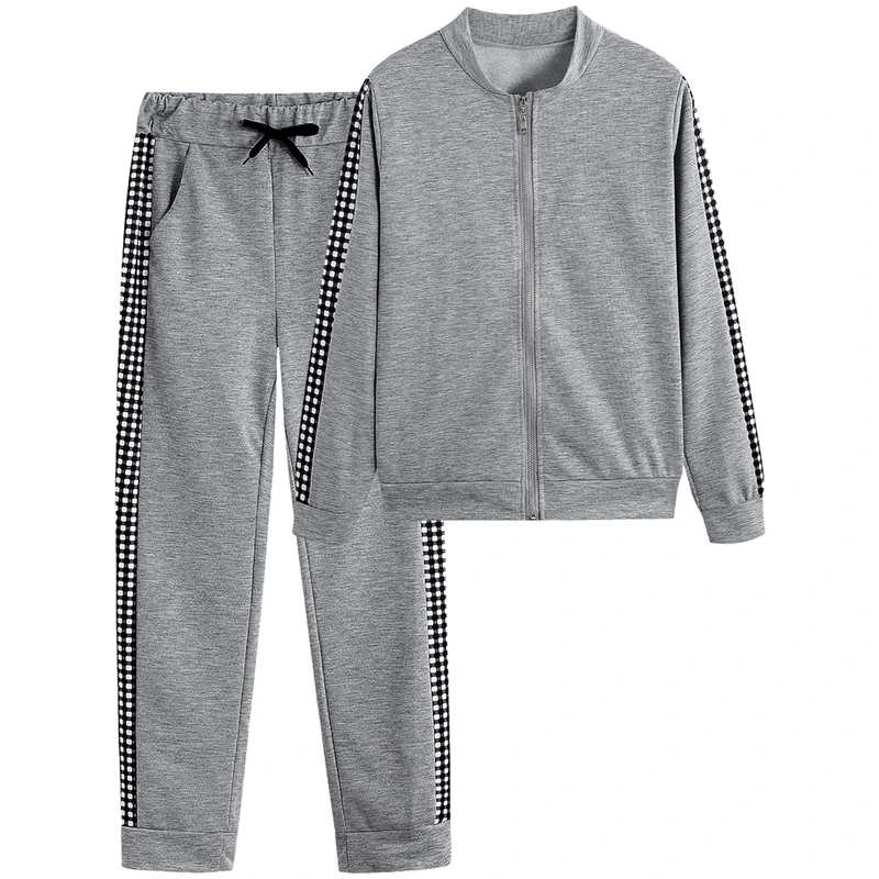 amropi Women's 2 Piece Tracksuit Sweatsuits Sets Hoodie Sweatshirt and Jogging Sweatpants Suit, Grey Plaid, XL - Image 1