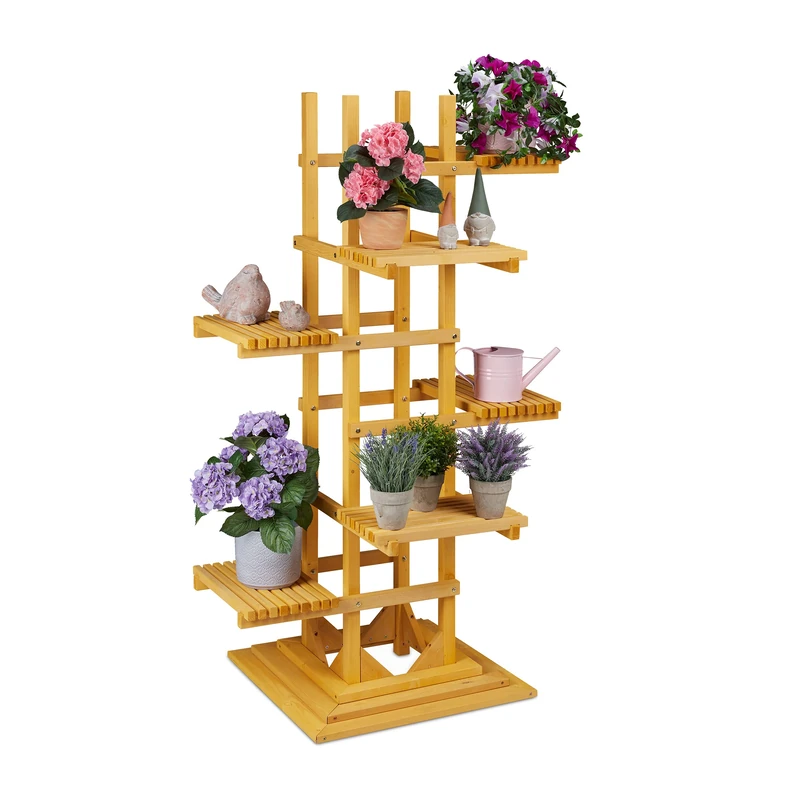 Relaxdays Flower Stairs, Herb Rack with 6 Levels, H x W x D 152.5 x 80 x 73 cm, Wood, Plant Stairs Indoor and Outdoor Use, Natural - Image 1