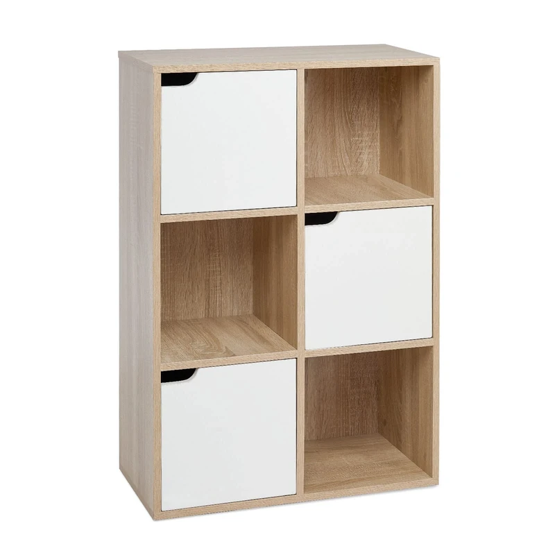 Mondeer 6 Cube Storage Unit, 3-Tier Bookcase with Doors, Wooden Bookshelf Display Organiser Cabinet for Living Room, Bedroom, Home Office, 60 x 30 x 90 cm, Oak and White