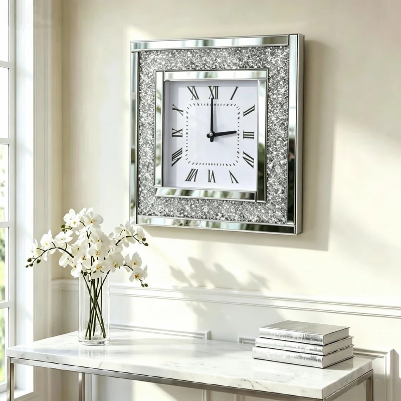 DMDFIRST Silver Square Mirror Clock 20x20inches Crystal Sparkle Twinkle Bling Crushed Diamond Mirrored Large Wall Clock for Wall Decoration Silver Glass Mirror Home Décor. AA Battery is not Included.