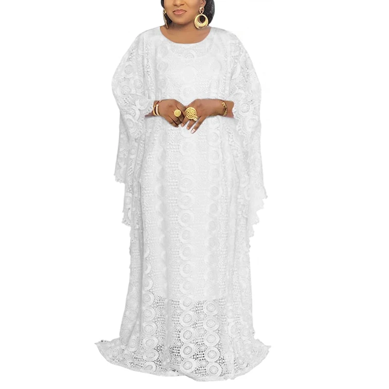 HD Women's Floor-Length Lace Kaftan Dress African Bubu Dress Boat Neck Caftan Gown Plus Size, White-lace, One Size