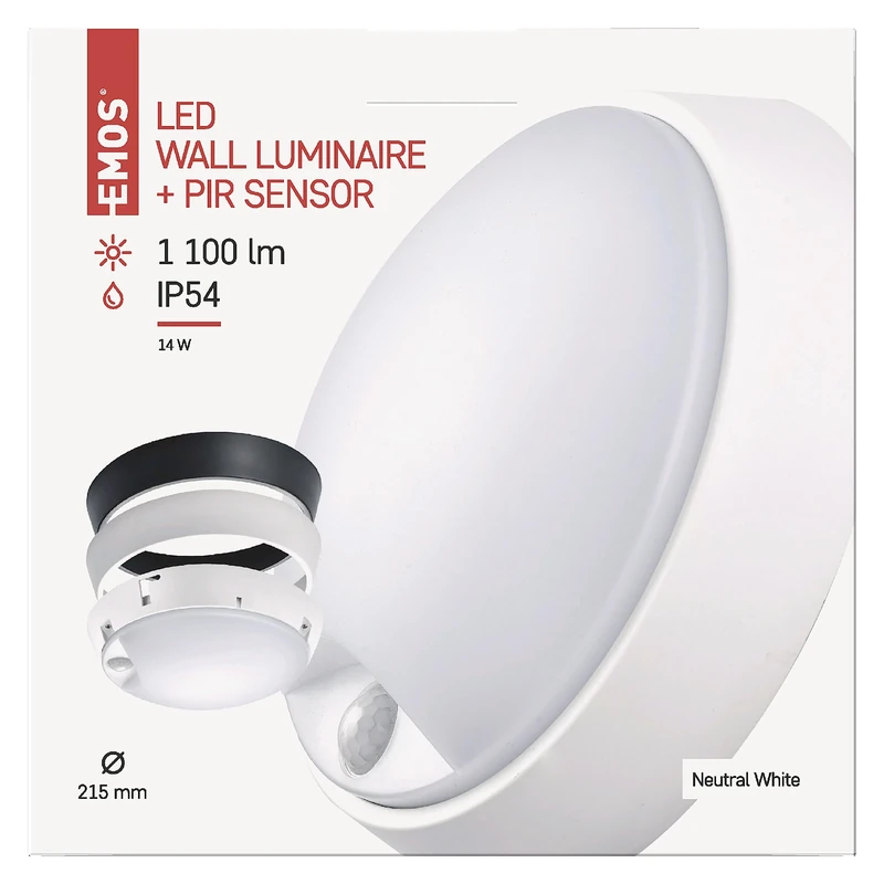 EMOS LED Wall Light and Ceiling Light with Motion Sensor, Round, IP54 Waterproof 14 W Outdoor Light for Balcony, Basement, Garage, Outdoor, 1100 lm, Neutral White 4000K, Diameter 21.5 cm, ZM3231, 21.5